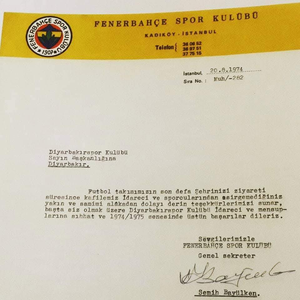 53 YIL ÖNCE 3.LİG'DE FENERBAHÇE'Yİ DİYARBAKIR'A GETİREN MEKTUP